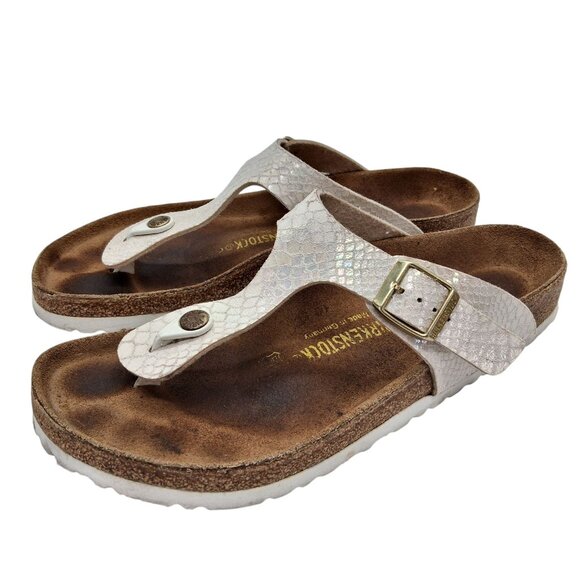 Birkenstock Gizeh Shoes Womens Size 41 10 Snake Print White Sandals Germany - Picture 1 of 7